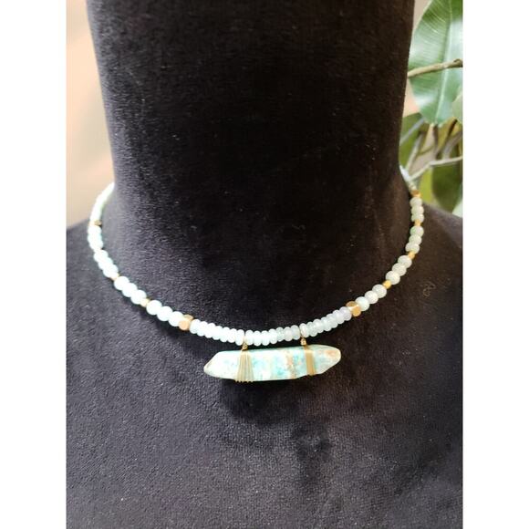 Beaded Choker Necklace Gold Wire Wrapped Natural Turquoise Blue Stone Boho - Picture 2 of 6